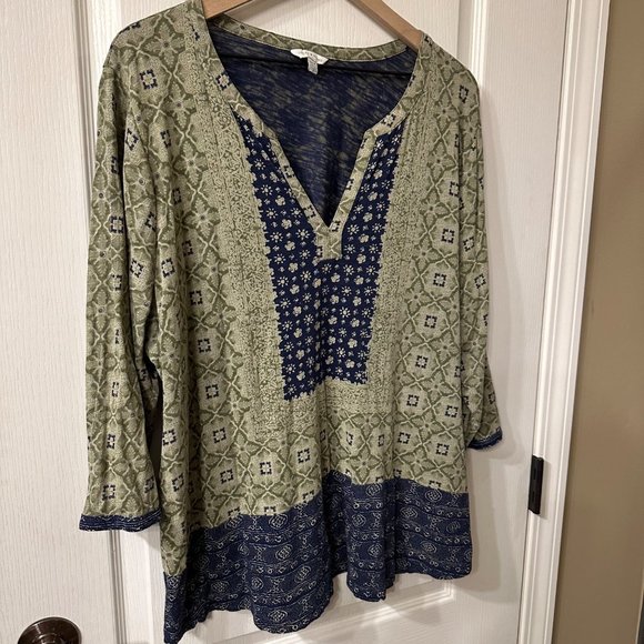 Lucky Brand 3/4 Sleeve Peasant Tunic Top Blouse 3XL Olive Green Blue Lightweight - Picture 2 of 8